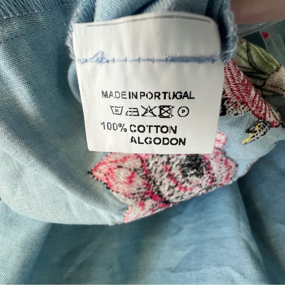 Vilagallo Embroidered Patch Tropical Fish Chambray Dress 44/10 Floral Resortwear - Picture 10 of 14
